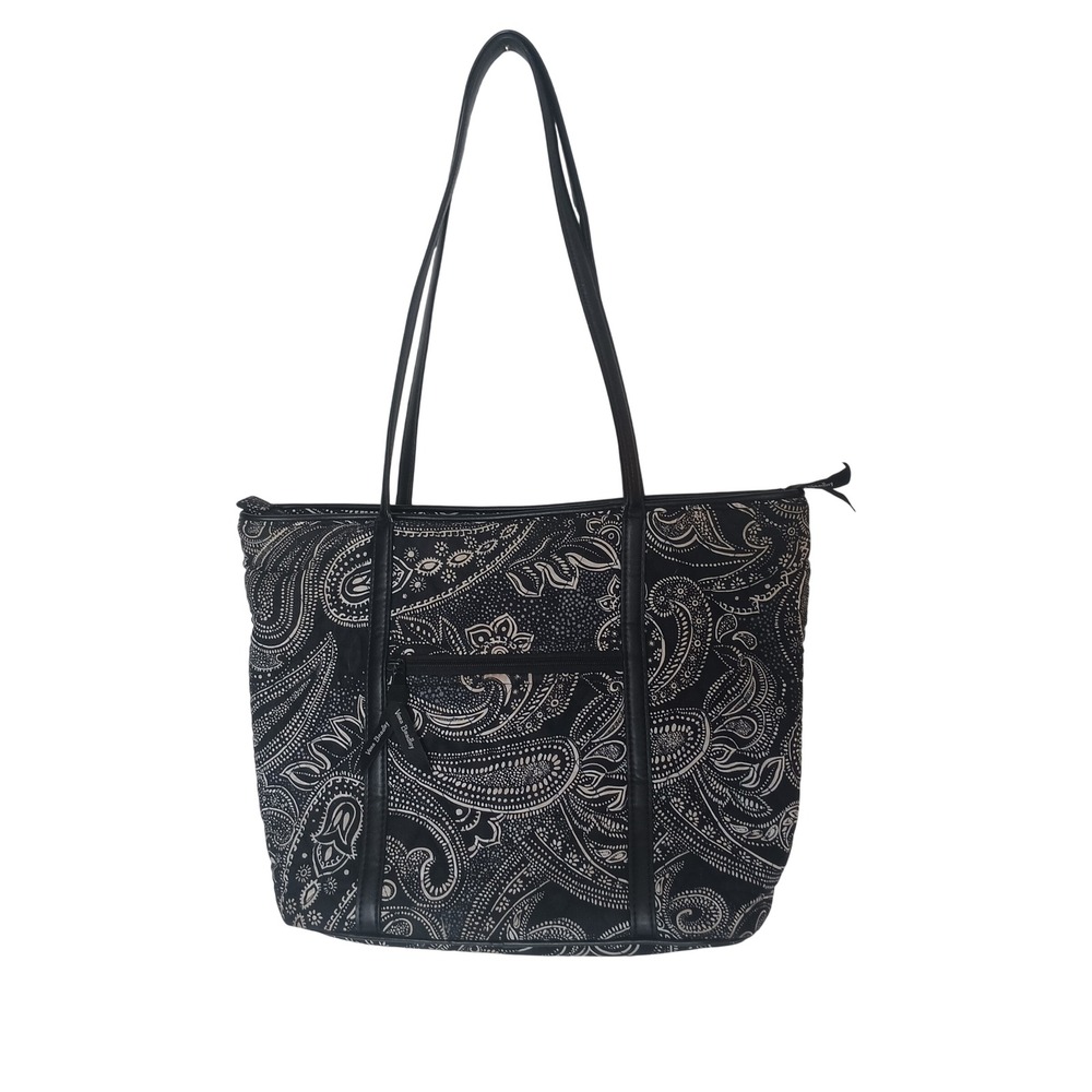 Vera Bradley Tote Bag Women L Black White Paisley Quilted Cotton Shoulder Bag
